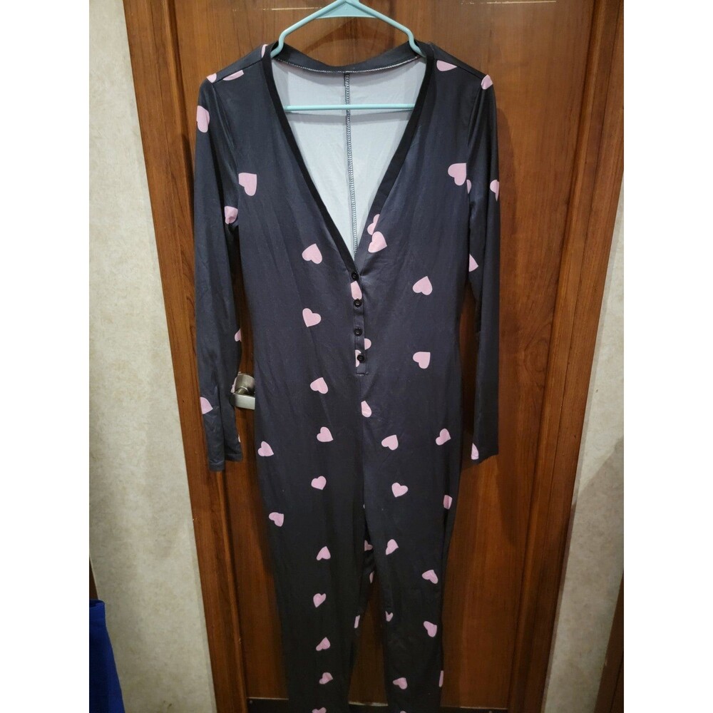 Ladies Romper Black with Pink Hearts Sz Small
